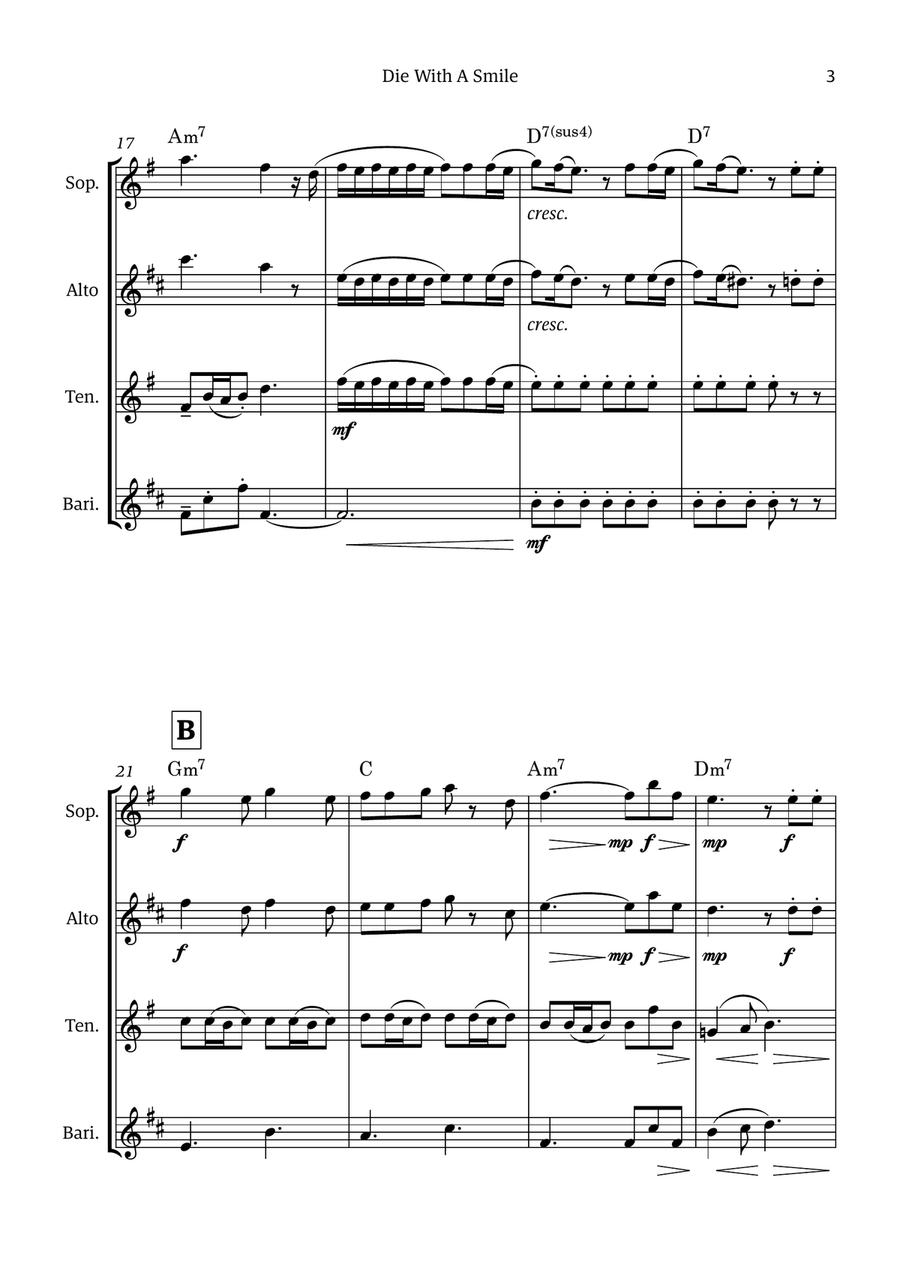 Die With A Smile Die With A Smile Saxophone Quartet scores gallery preview page 3