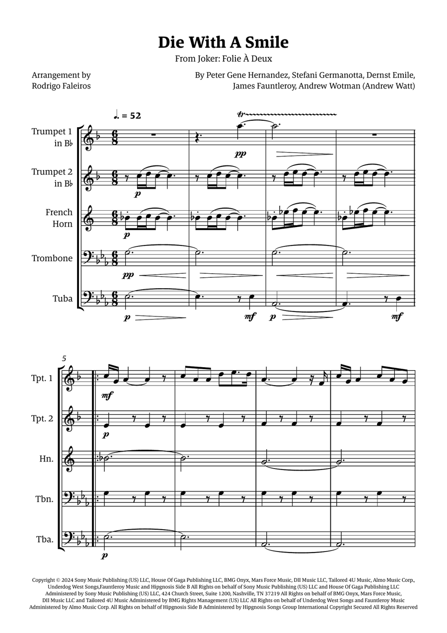 Die With A Smile Die With A Smile Brass Quintet scores gallery preview page 1