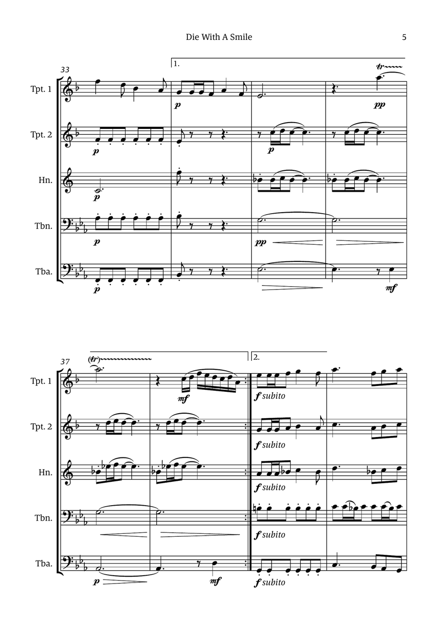 Die With A Smile Die With A Smile Brass Quintet scores gallery preview page 5