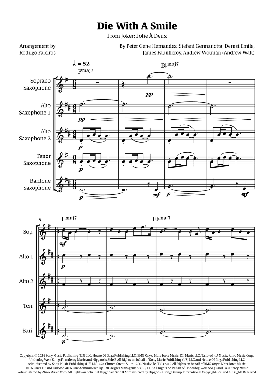 Die With A Smile Die With A Smile Saxophone Quintet scores gallery preview page 1
