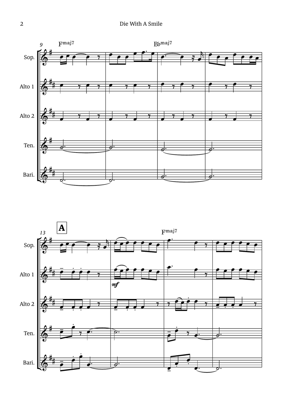 Die With A Smile Die With A Smile Saxophone Quintet scores gallery preview page 2