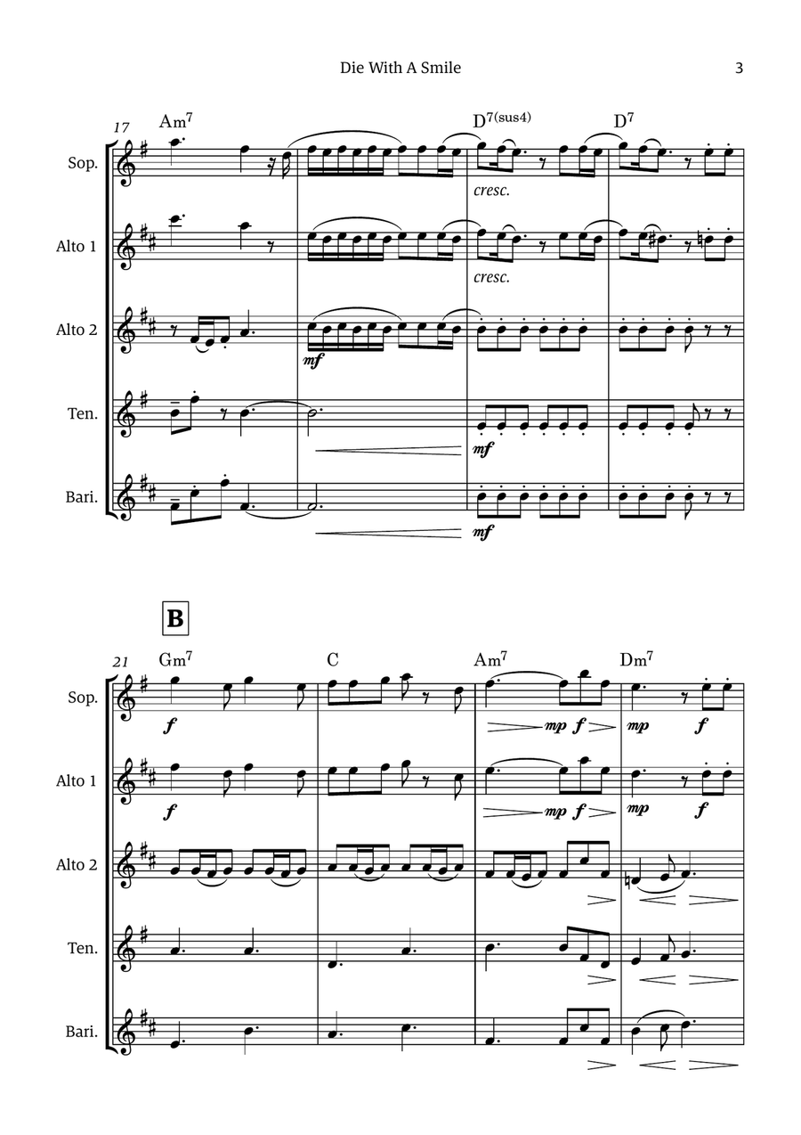 Die With A Smile Die With A Smile Saxophone Quintet scores gallery preview page 3
