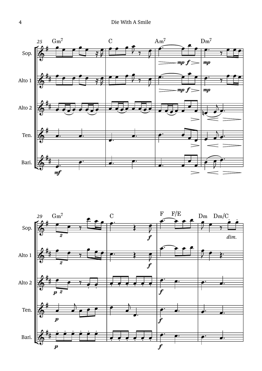 Die With A Smile Die With A Smile Saxophone Quintet scores gallery preview page 4
