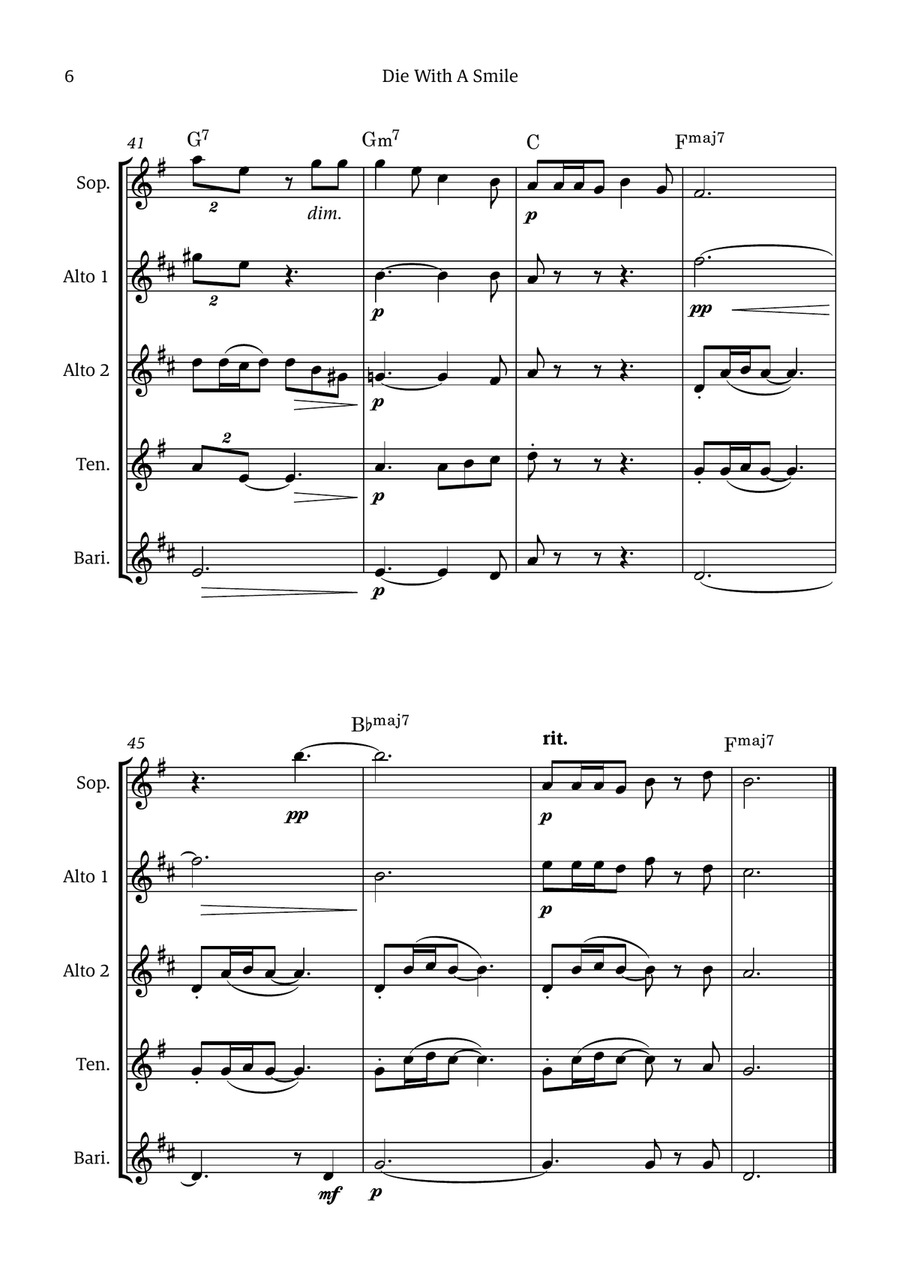 Die With A Smile Die With A Smile Saxophone Quintet scores gallery preview page 6