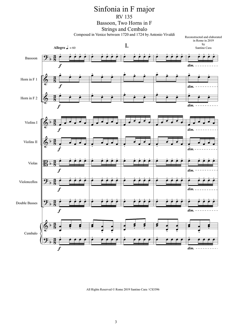 Vivaldi's Sinfonia in F major RV 135 for Bassoon, Horns, Strings and Cembalo Chamber Orchestra scores gallery preview page 3