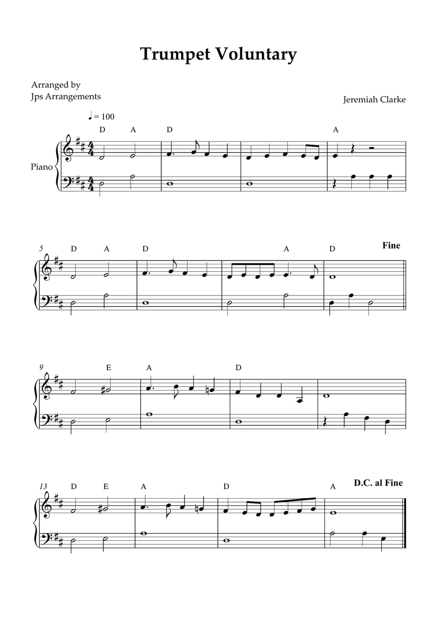 Trumpet Voluntary for easy piano in D Major Easy Piano scores gallery preview page 1