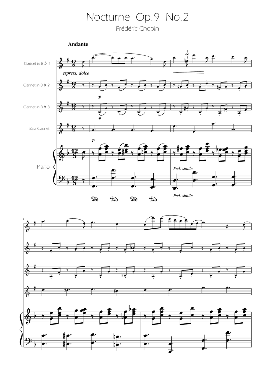 Chopin - Nocturne op.9 No.2 - Clarinet Quartet Clarinet Quartet scores gallery preview page 1
