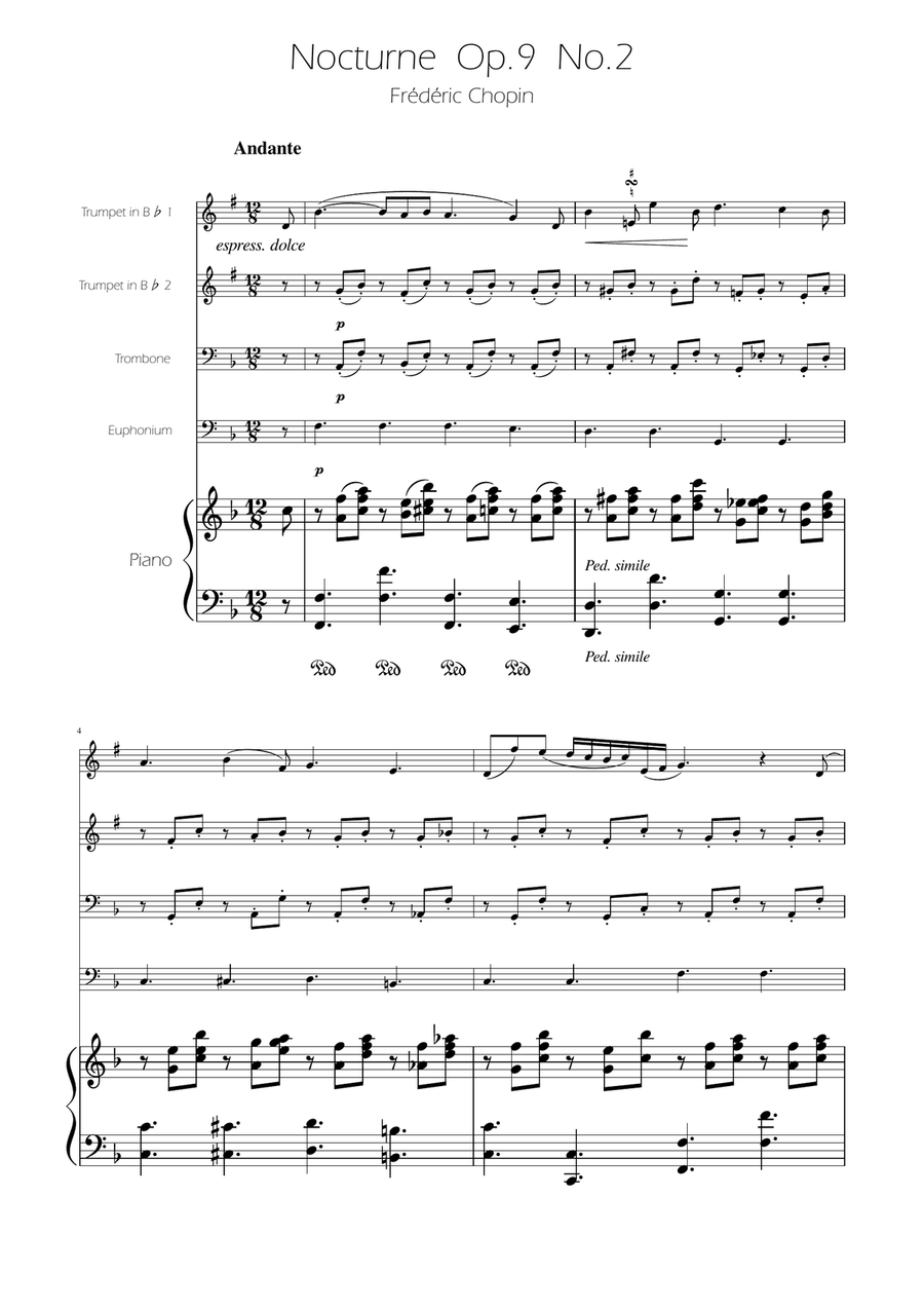Chopin - Nocturne op.9 No.2 - Brass Quartet Brass Quartet scores gallery preview page 1