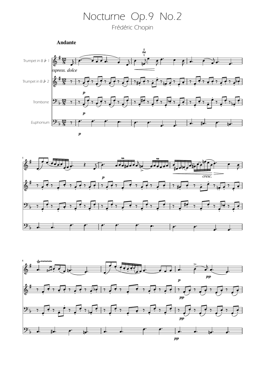 Chopin - Nocturne op.9 No.2 - Brass Quartet Brass Quartet scores gallery preview page 1