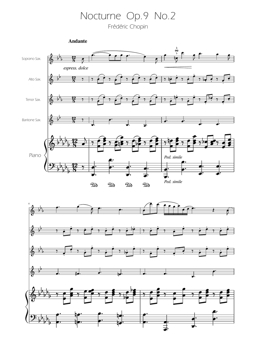 Chopin - Nocturne op.9 No.2 - Sax Quartet Saxophone Quartet scores gallery preview page 1