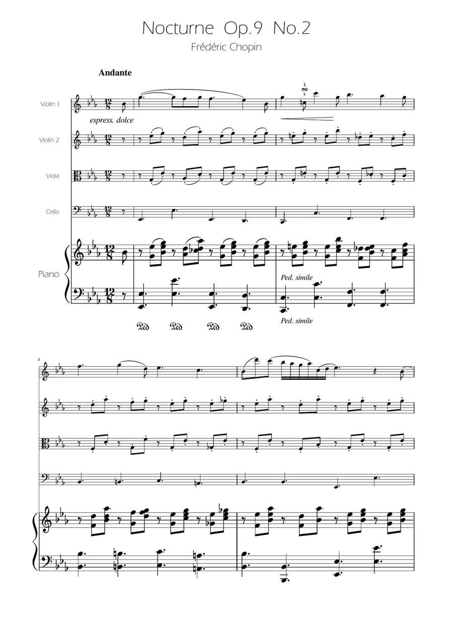 Chopin - Nocturne op.9 No.2 - String Quartet String Quartet scores gallery preview page 1