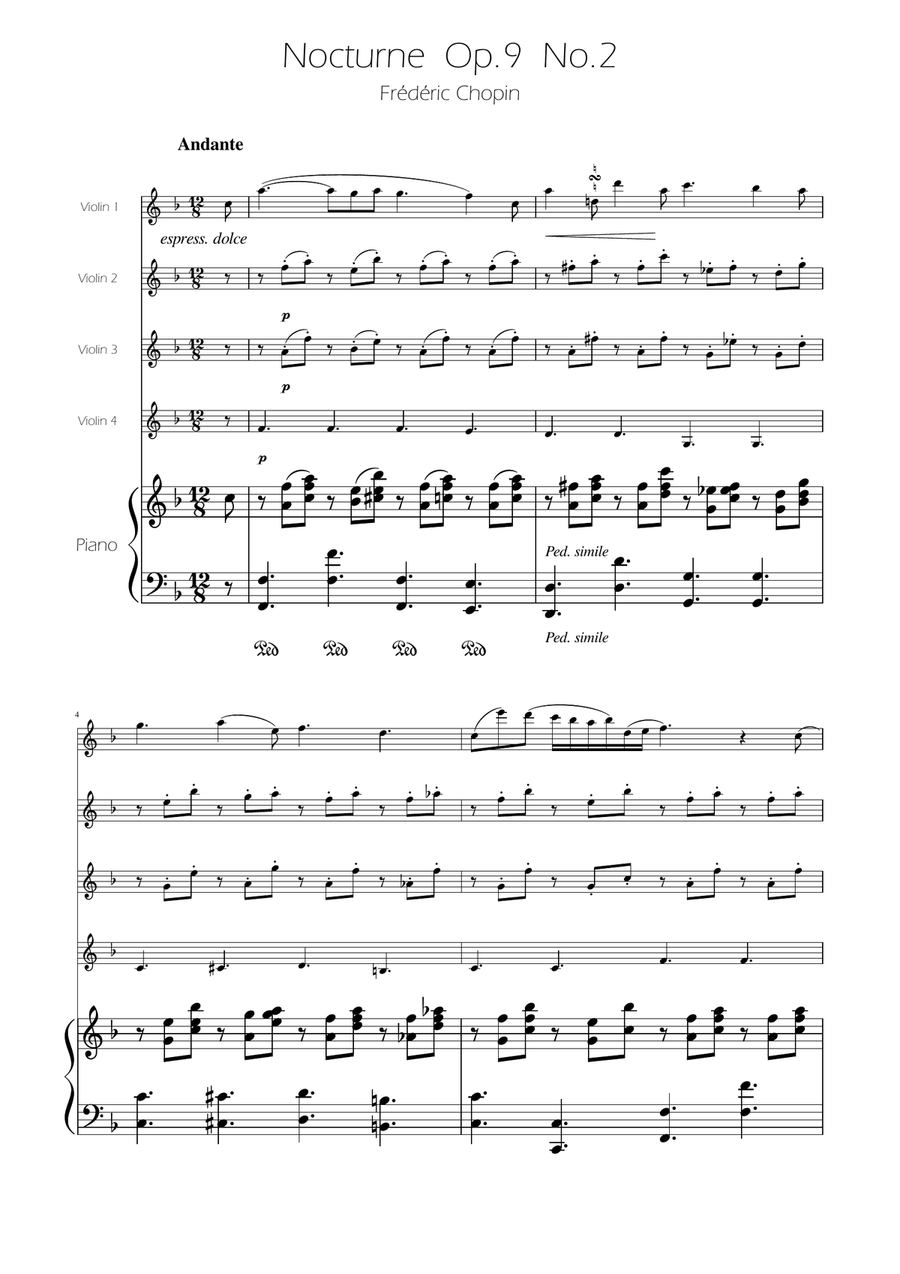 Chopin - Nocturne op.9 No.2 - Violin Quartet String Quartet scores gallery preview page 1