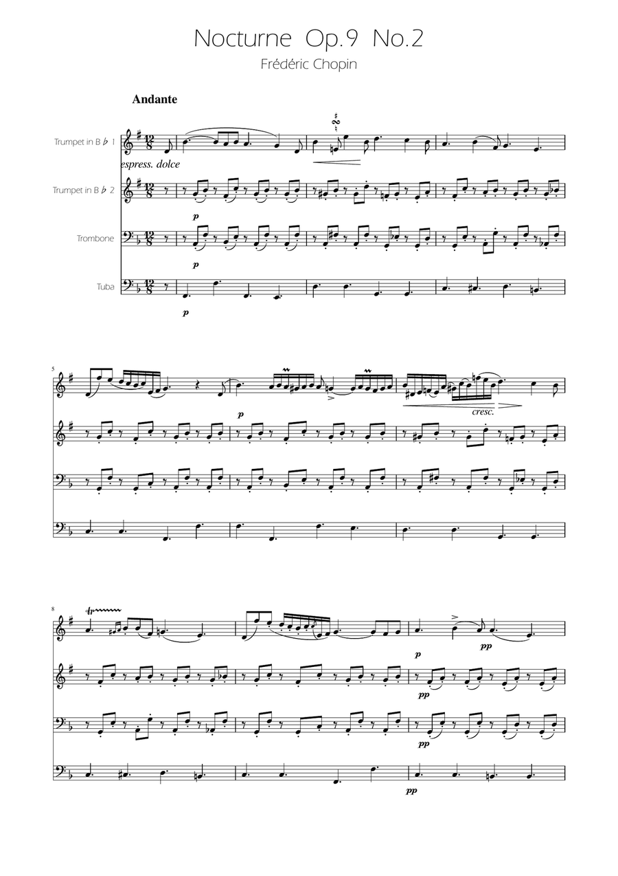 Chopin - Nocturne op.9 No.2 - Brass Quartet Brass Quartet scores gallery preview page 1