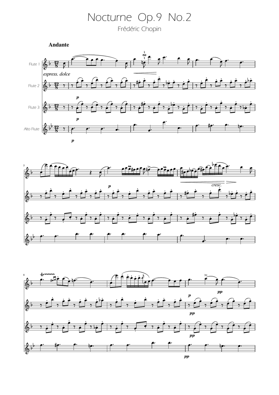 Chopin - Nocturne op.9 No.2 - Flute Quartet Flute Quartet scores gallery preview page 1