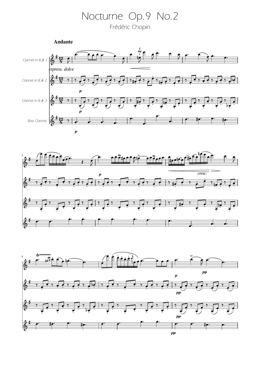 Chopin - Nocturne op.9 No.2 - Clarinet Quartet Clarinet Quartet scores gallery preview page 1