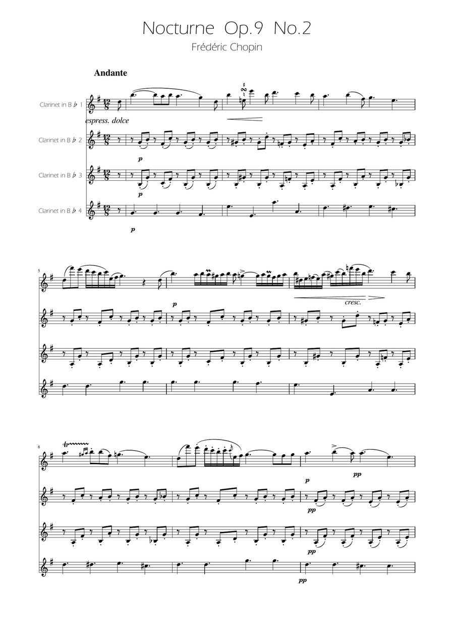 Chopin - Nocturne op.9 No.2 - Clarinet Quartet Clarinet Trio scores gallery preview page 1
