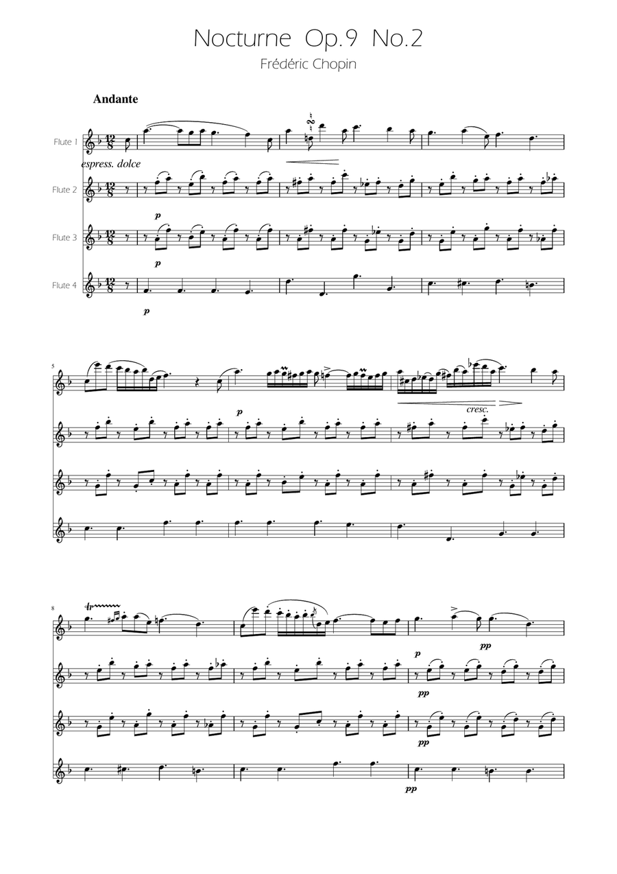 Chopin - Nocturne op.9 No.2 - Flute Quartet Flute Quartet scores gallery preview page 1