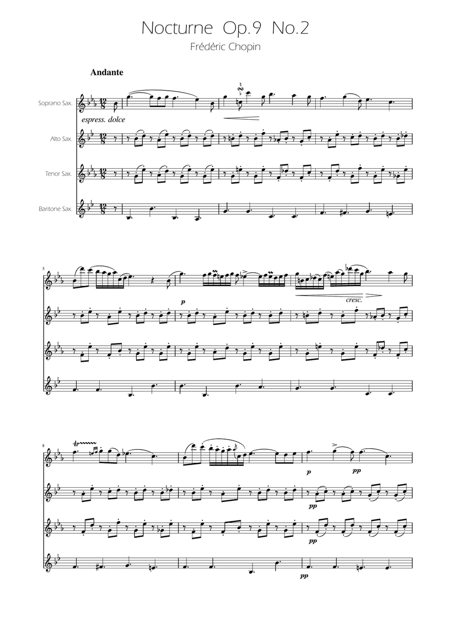 Chopin - Nocturne op.9 No.2 - Sax Quartet Saxophone Quartet scores gallery preview page 1