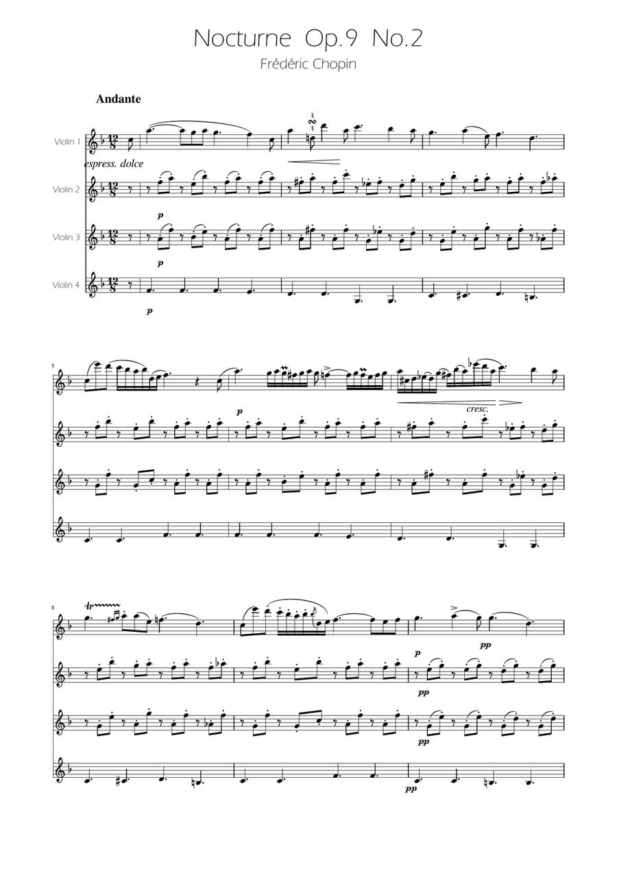 Chopin - Nocturne op.9 No.2 - Violin Quartet String Quartet scores gallery preview page 1