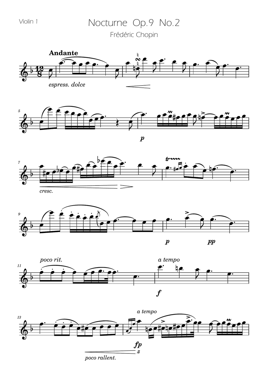 Chopin - Nocturne op.9 No.2 - Violin Quartet String Quartet scores gallery preview page 6
