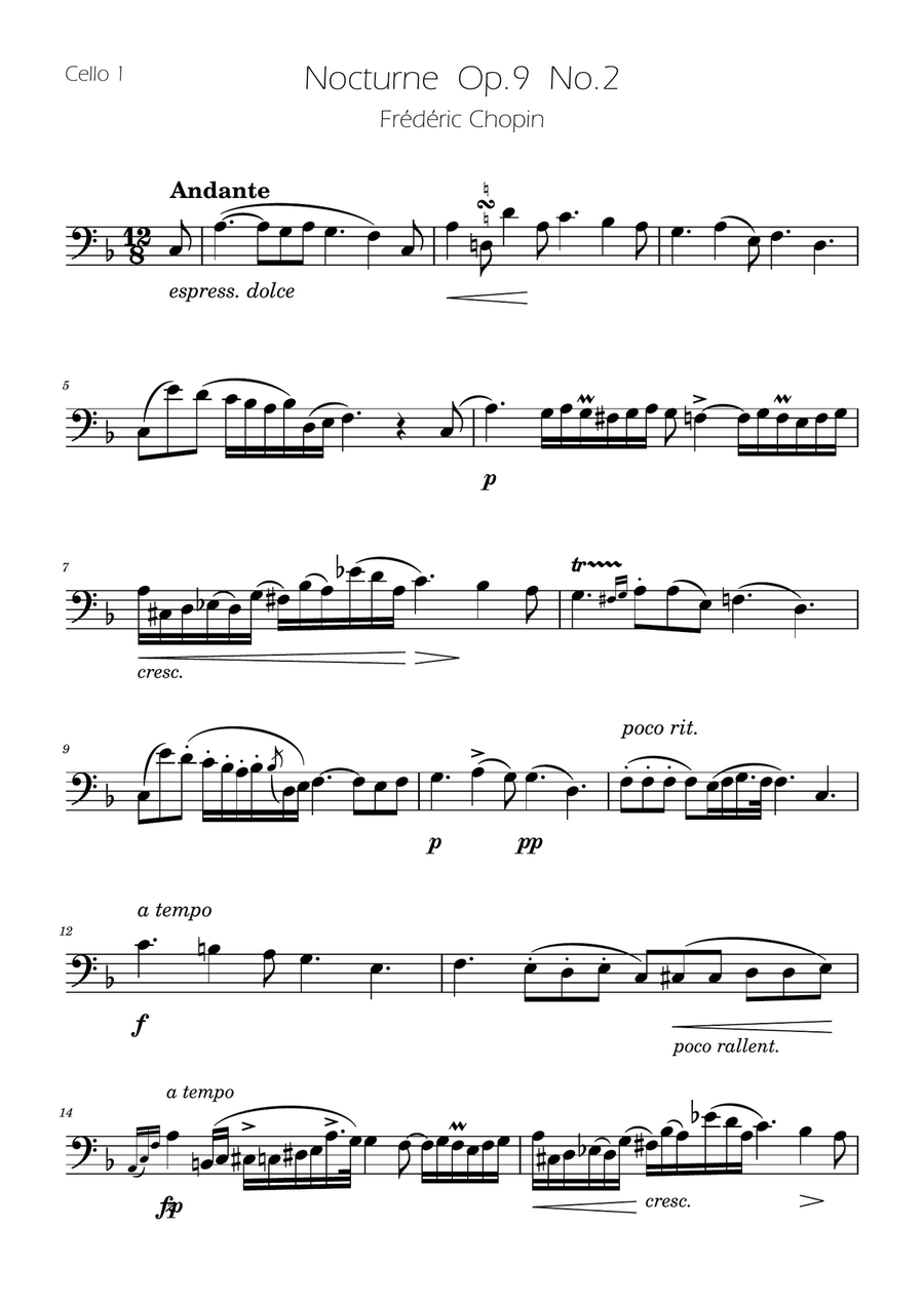 Chopin - Nocturne op.9 No.2 - Cello Quartet String Quartet scores gallery preview page 6