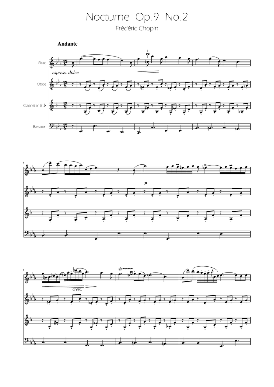 Chopin - Nocturne op.9 No.2 - Woodwind Quartet Woodwind Quartet scores gallery preview page 1
