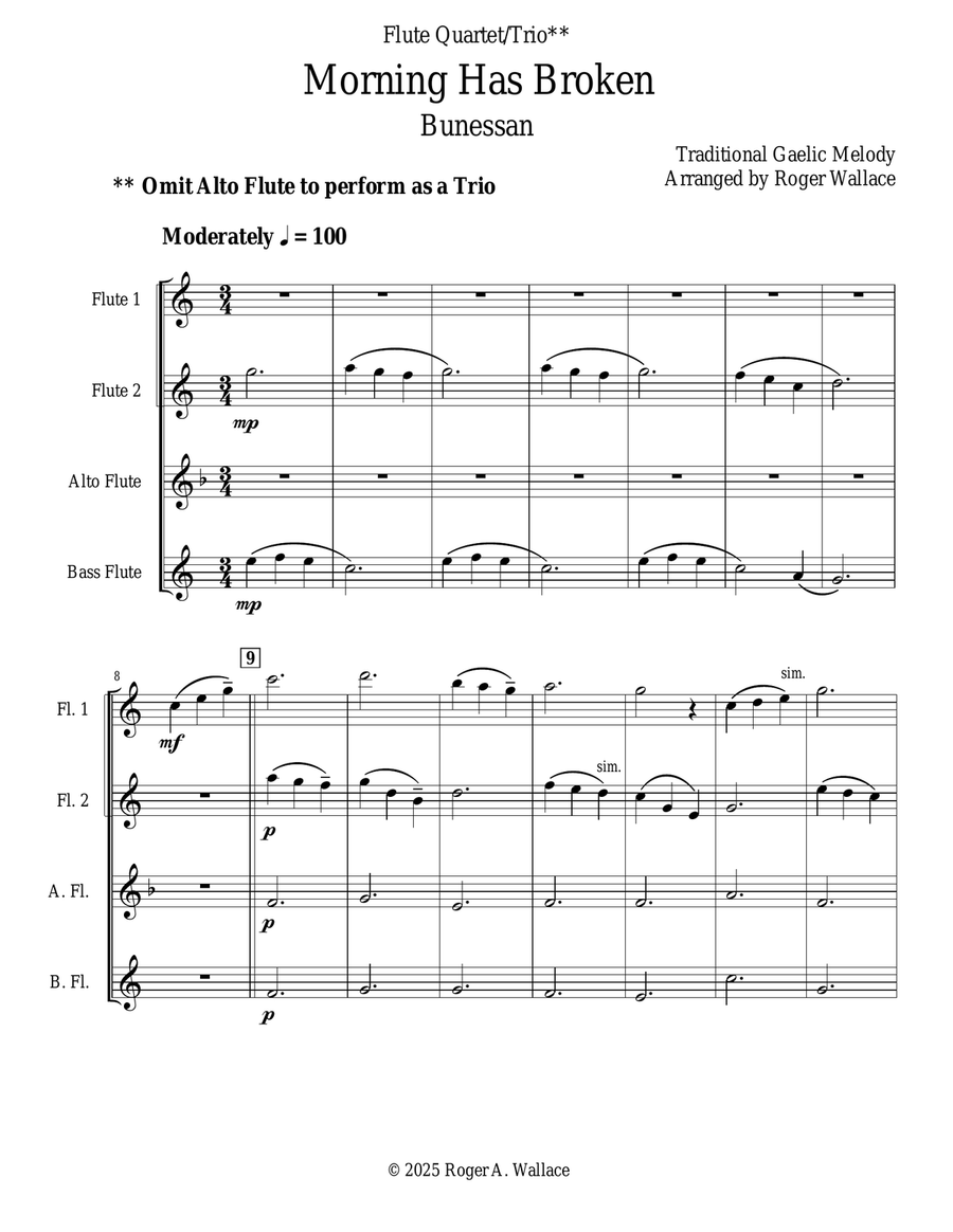 Morning Has Broken (Flute Quartet) Flute Quartet scores gallery preview page 1