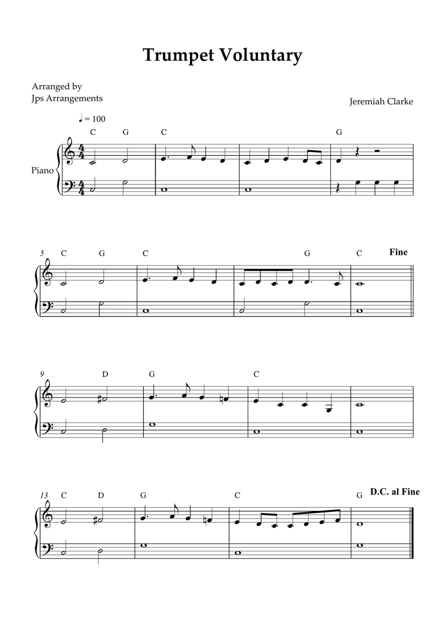 Trumpet Voluntary for Beginner piano in C Major Easy Piano scores gallery preview page 1