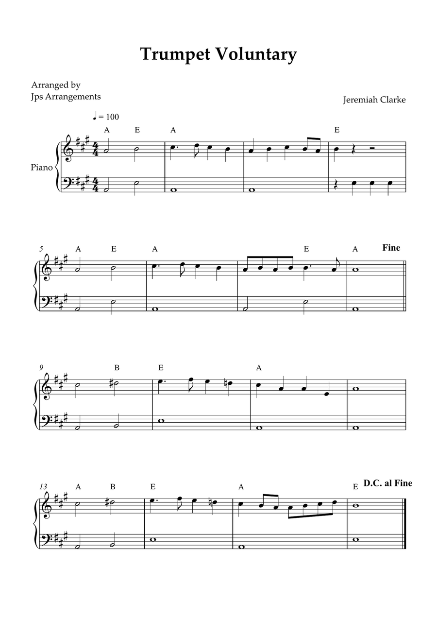 Trumpet Voluntary for Beginner piano in A Major Easy Piano scores gallery preview page 1
