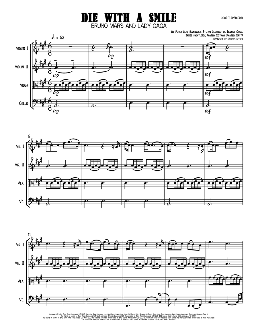 Die With A Smile Die With A Smile String Quartet scores gallery preview page 1
