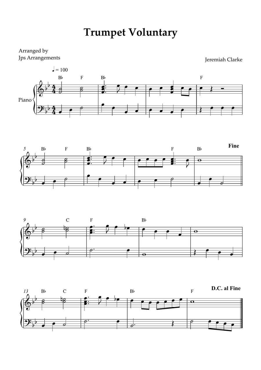 Trumpet Voluntary for Intermediate piano in Bb Major Easy Piano scores gallery preview page 1