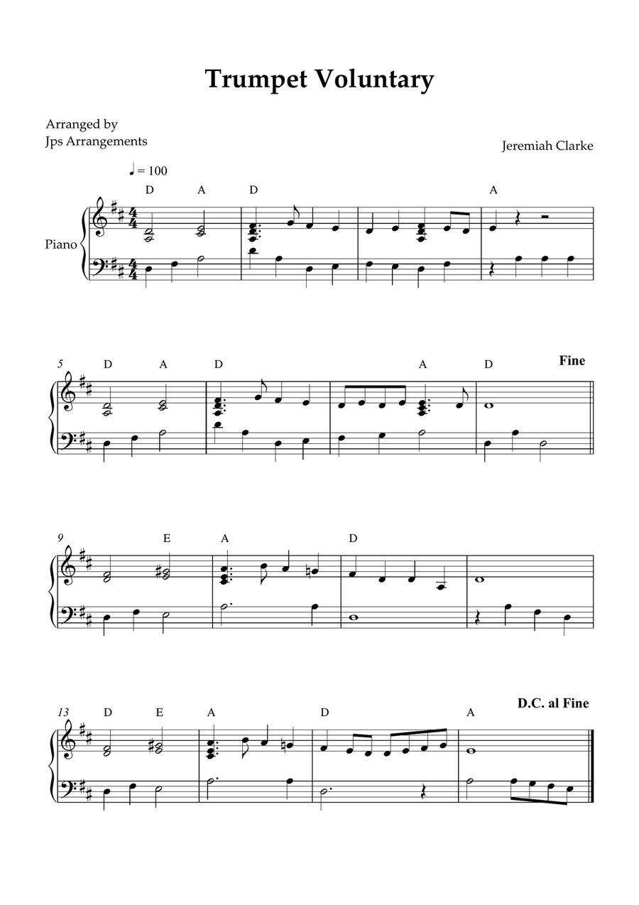Trumpet Voluntary for Intermediate piano in D Major Easy Piano scores gallery preview page 1