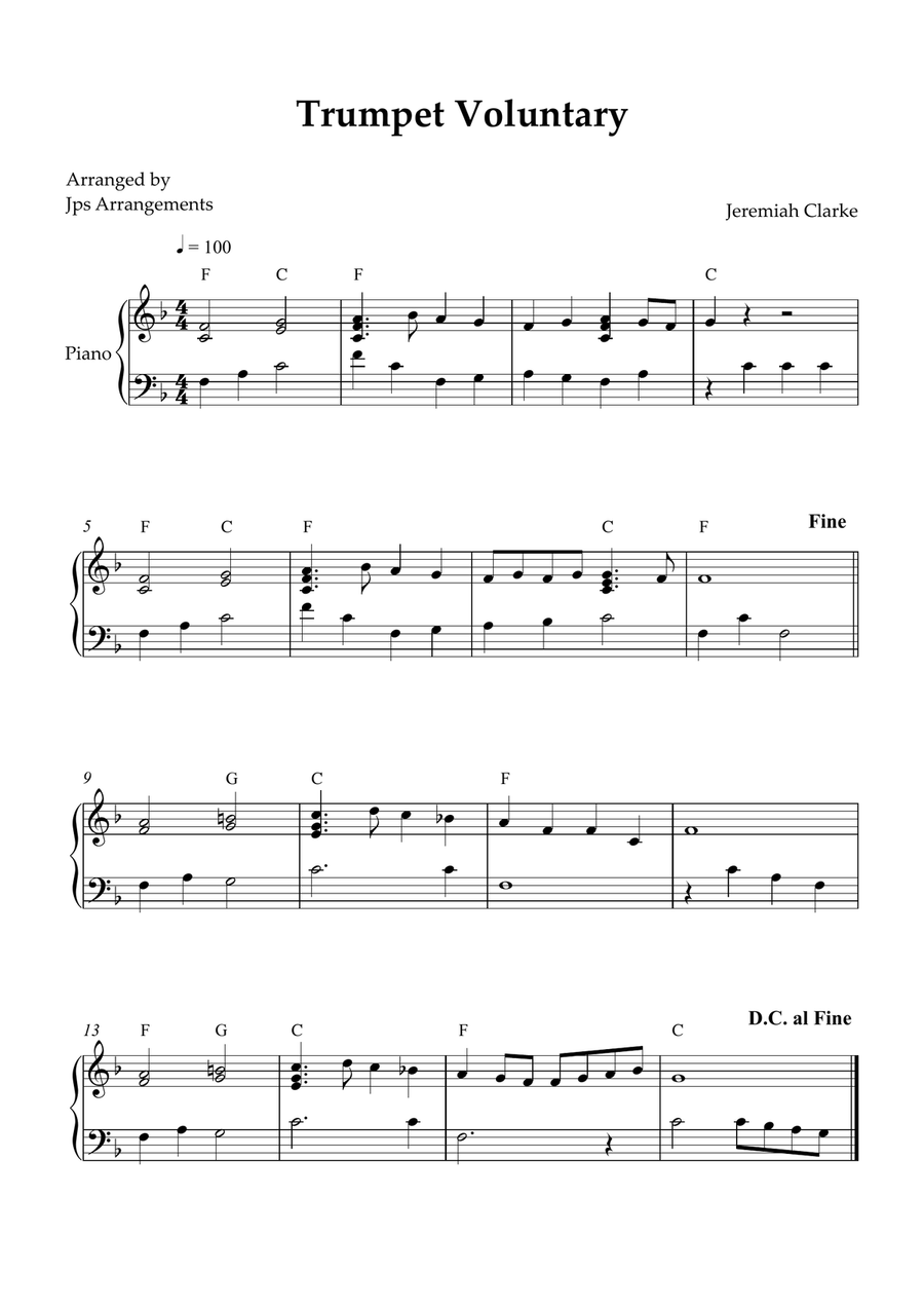 Trumpet Voluntary for Intermediate piano in F Major Easy Piano scores gallery preview page 1