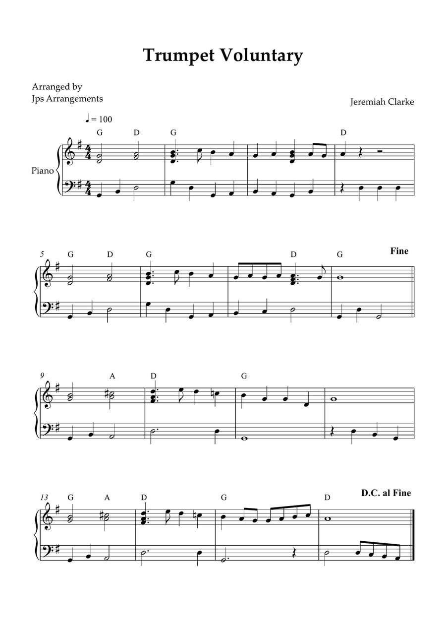 Trumpet Voluntary for Intermediate piano in F Major Easy Piano scores gallery preview page 1