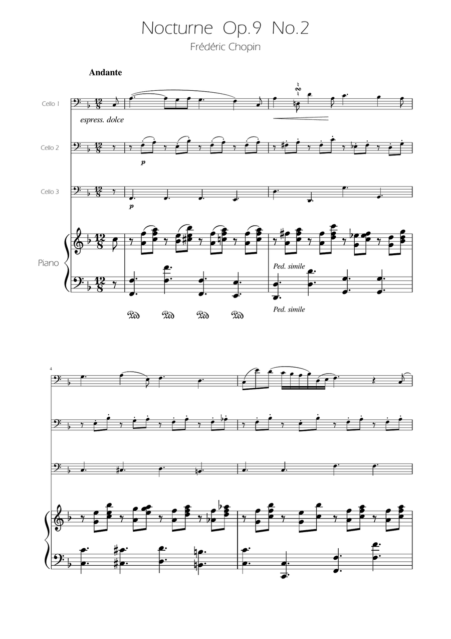 Chopin - Nocturne op.9 No.2 - Cello Trio String Trio scores gallery preview page 1