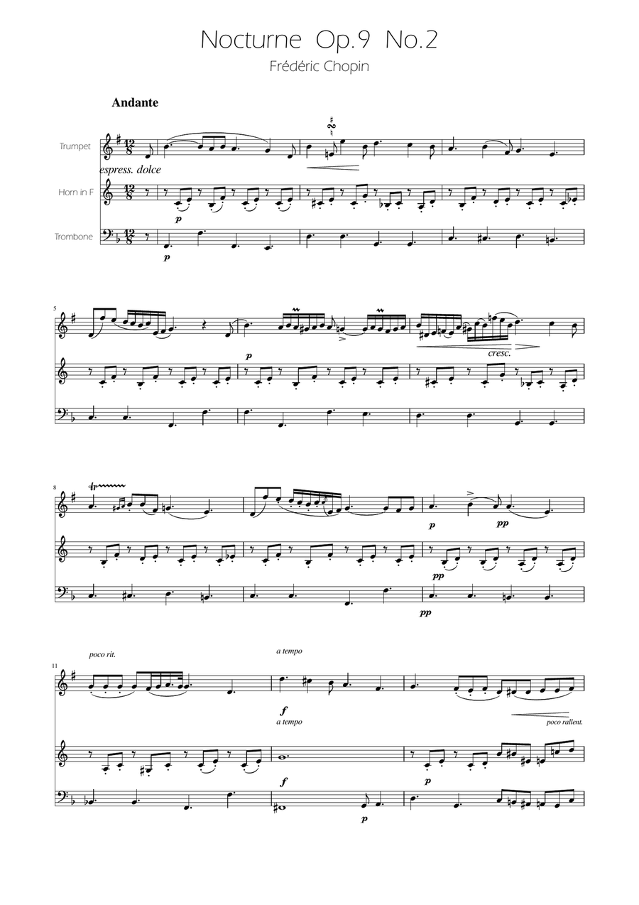 Chopin - Nocturne op.9 No.2 - Brass Trio Brass Trio scores gallery preview page 1
