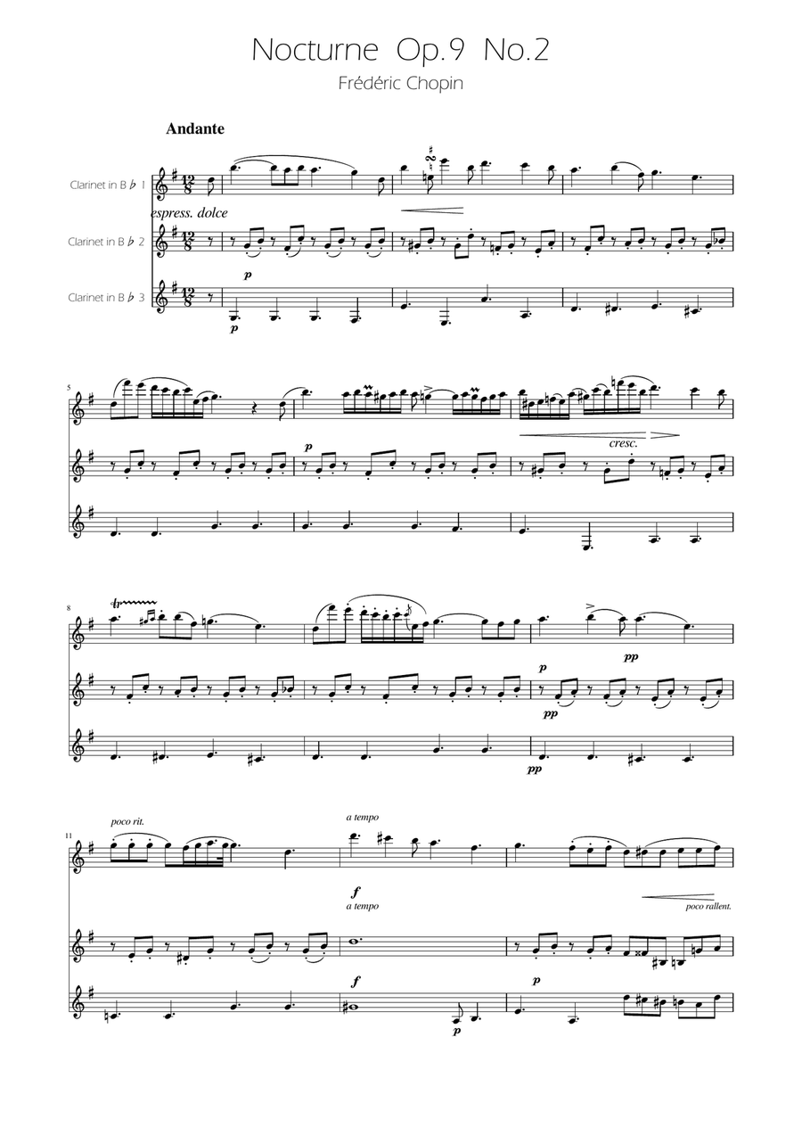 Chopin - Nocturne op.9 No.2 - Clarinet Trio Clarinet Trio scores gallery preview page 1