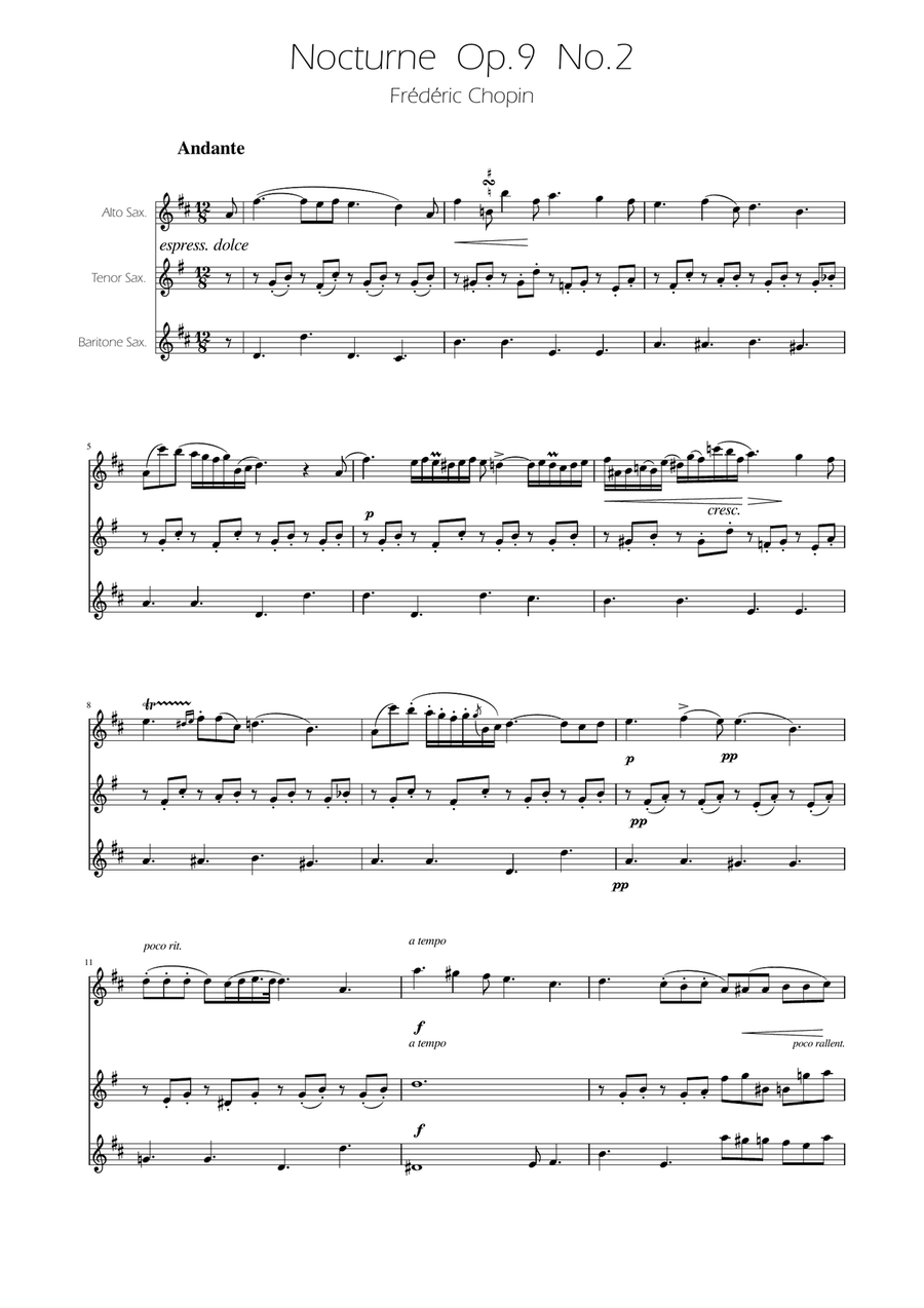 Chopin - Nocturne op.9 No.2 - Sax Trio ATB Woodwind Trio scores gallery preview page 1