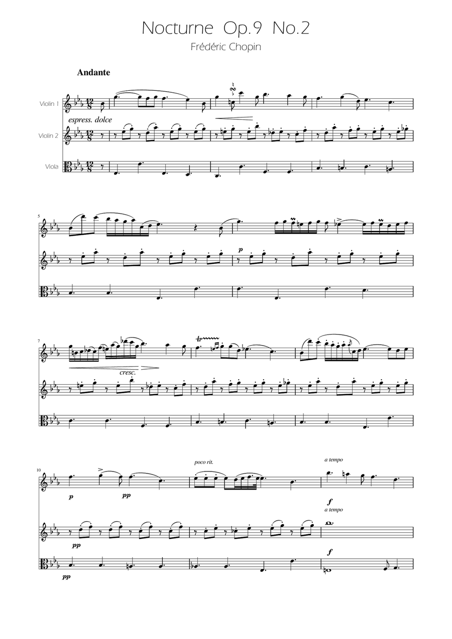 Chopin - Nocturne op.9 No.2 - String Trio String Trio scores gallery preview page 1
