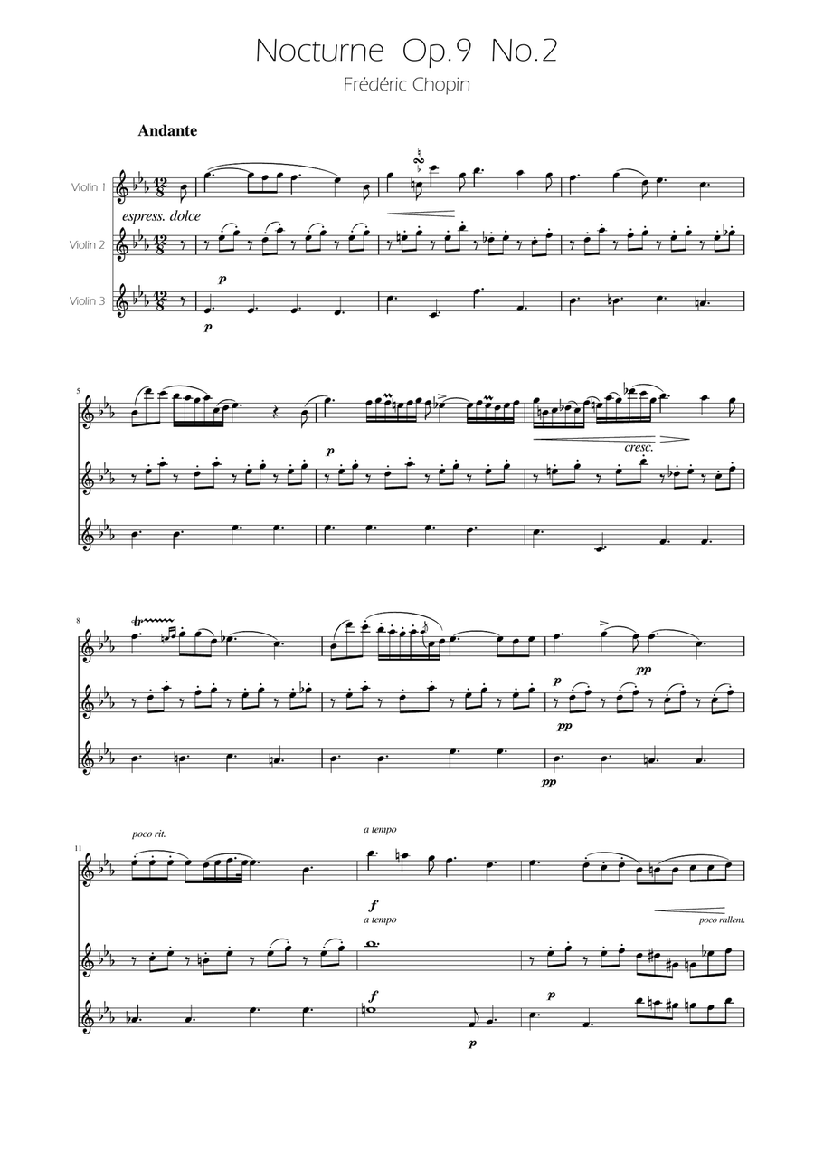 Chopin - Nocturne op.9 No.2 - Violin Trio String Trio scores gallery preview page 1