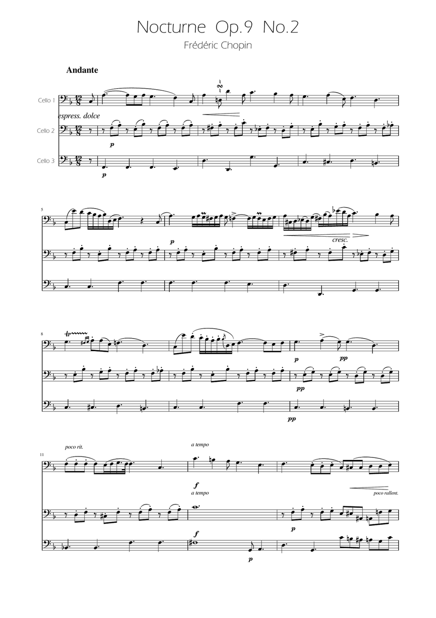 Chopin - Nocturne op.9 No.2 - Cello Trio String Trio scores gallery preview page 1