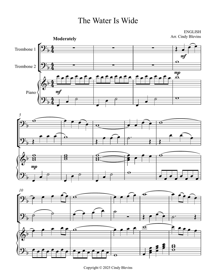 The Water Is Wide, for Two Trombones and Piano Trombone Duet scores gallery preview page 2