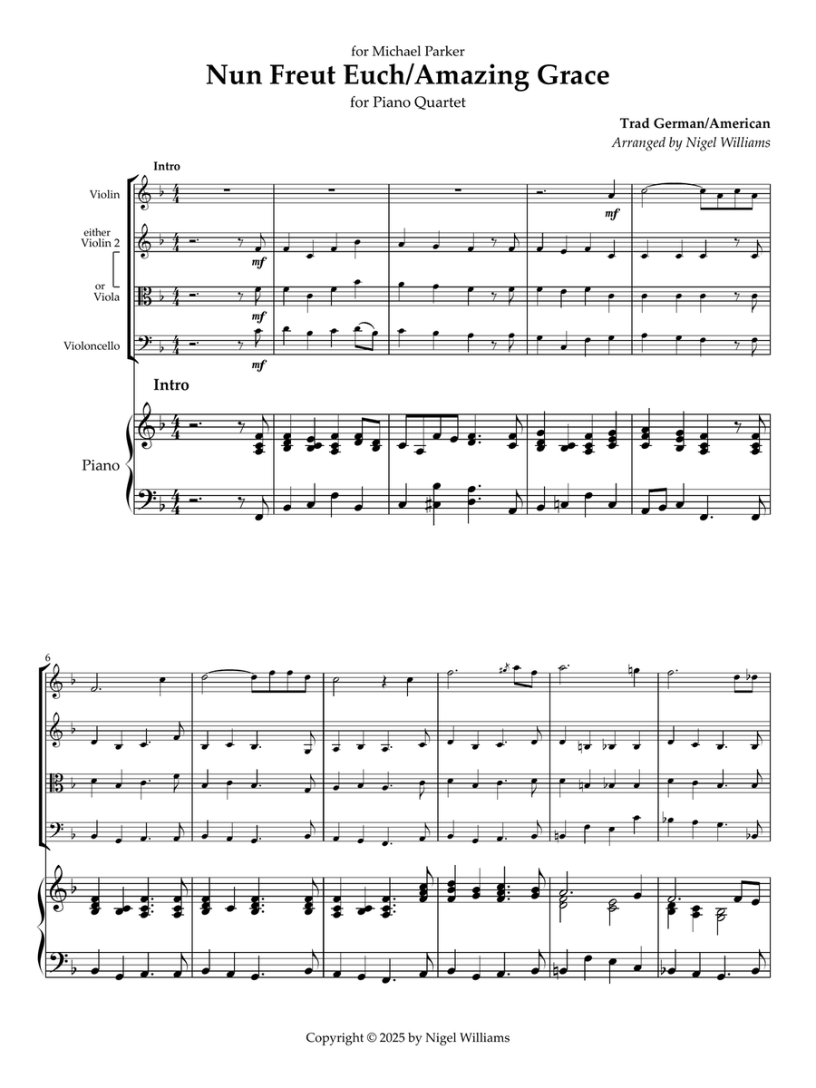 Nun Freut Euch with Amazing Grace, hymn accompaniment for Piano Quartet Piano Quartet scores gallery preview page 1
