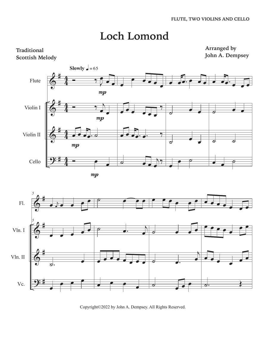 Loch Lomond (Quartet for Flute, Two Violins and Cello) Small Ensemble scores gallery preview page 5