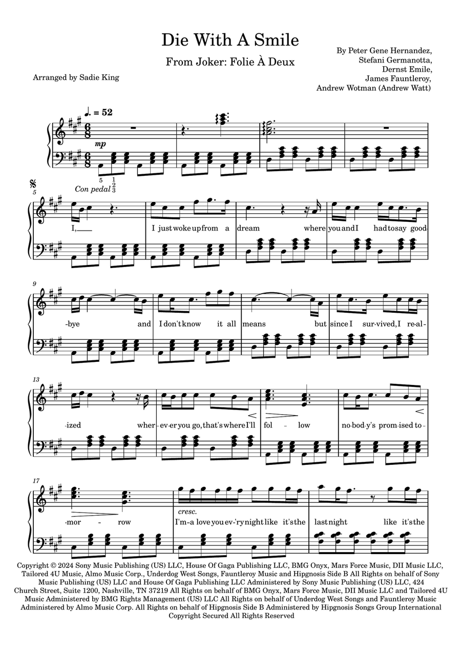 Die With A Smile Die With A Smile Piano Solo scores gallery preview page 1