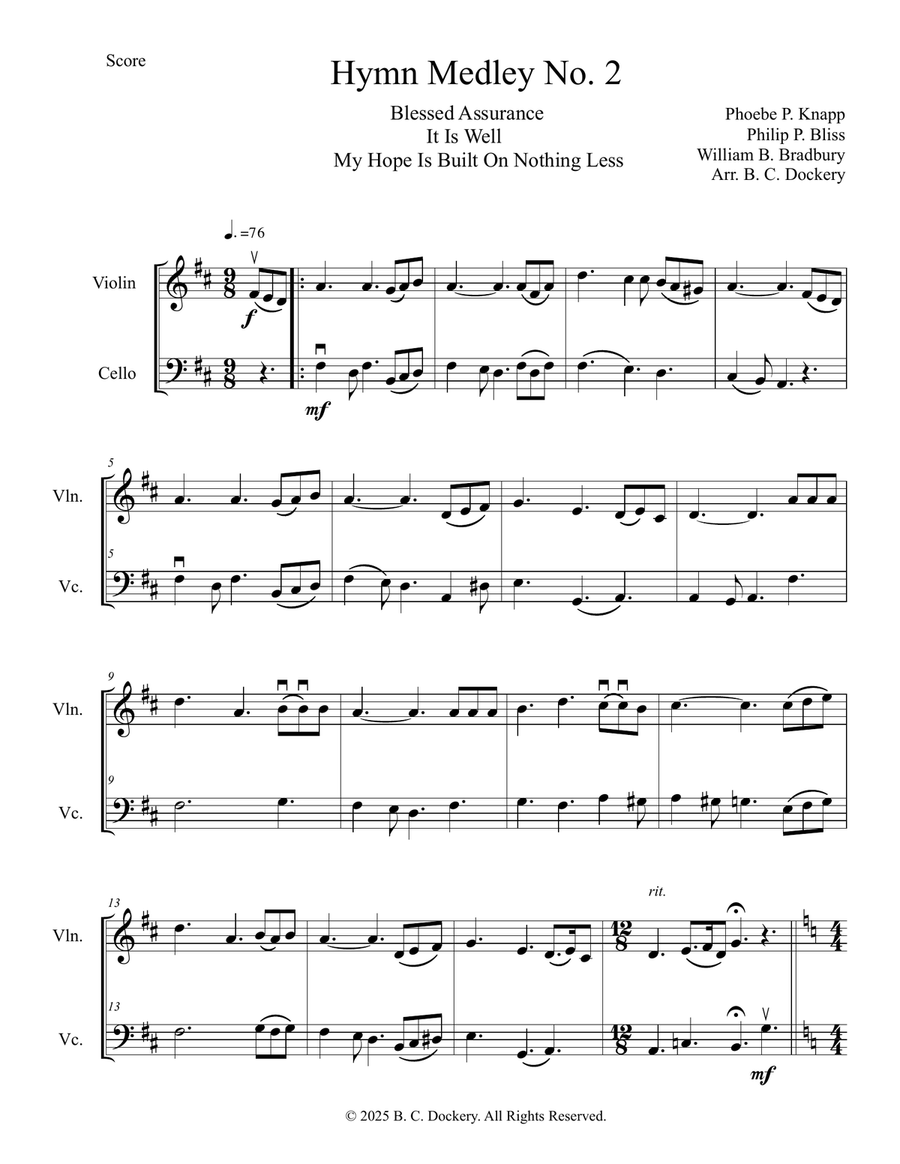 Hymn Medley No. 2 (Violin and Cello Duet) String Duet scores gallery preview page 1