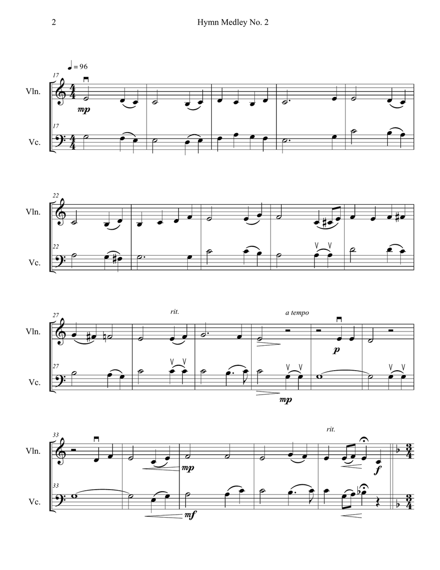 Hymn Medley No. 2 (Violin and Cello Duet) String Duet scores gallery preview page 2
