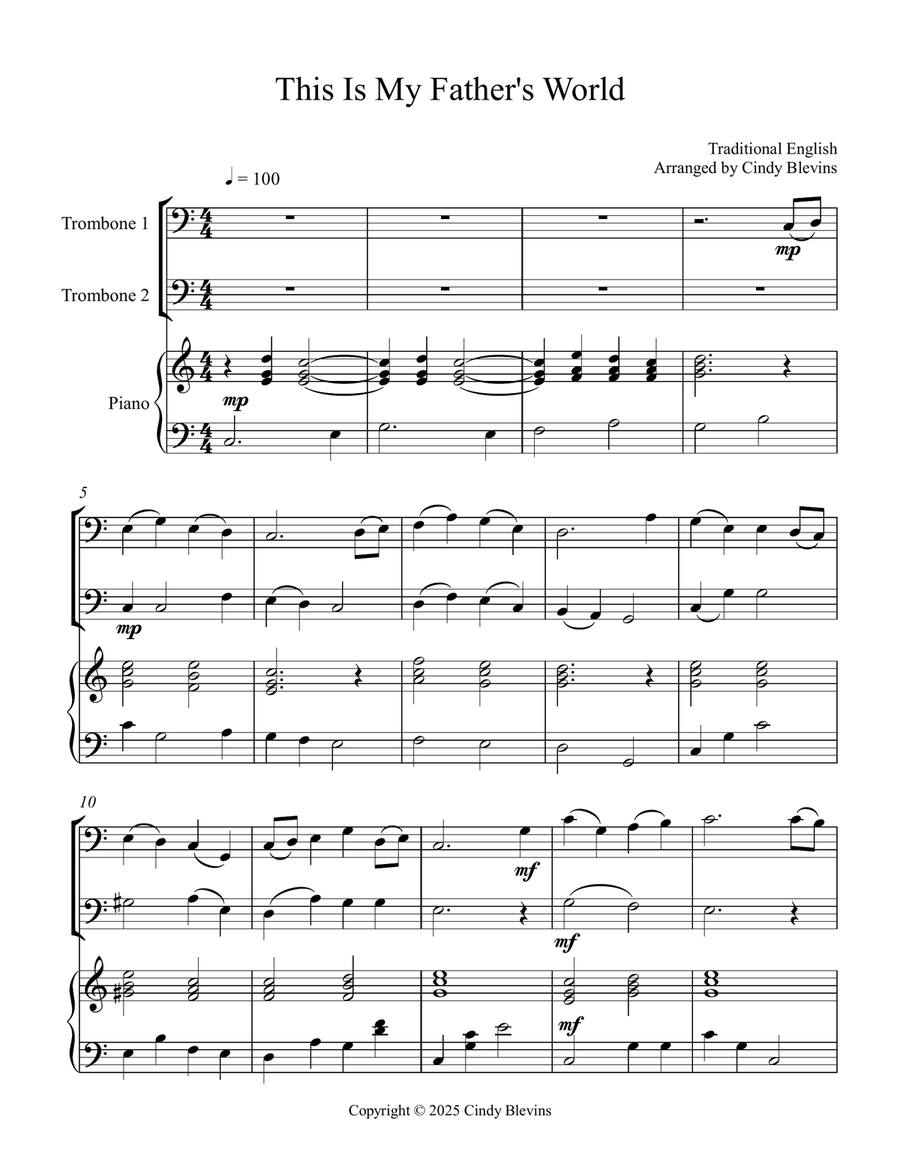 This Is My Father's World, for Two Trombones and Piano Trombone Duet scores gallery preview page 2