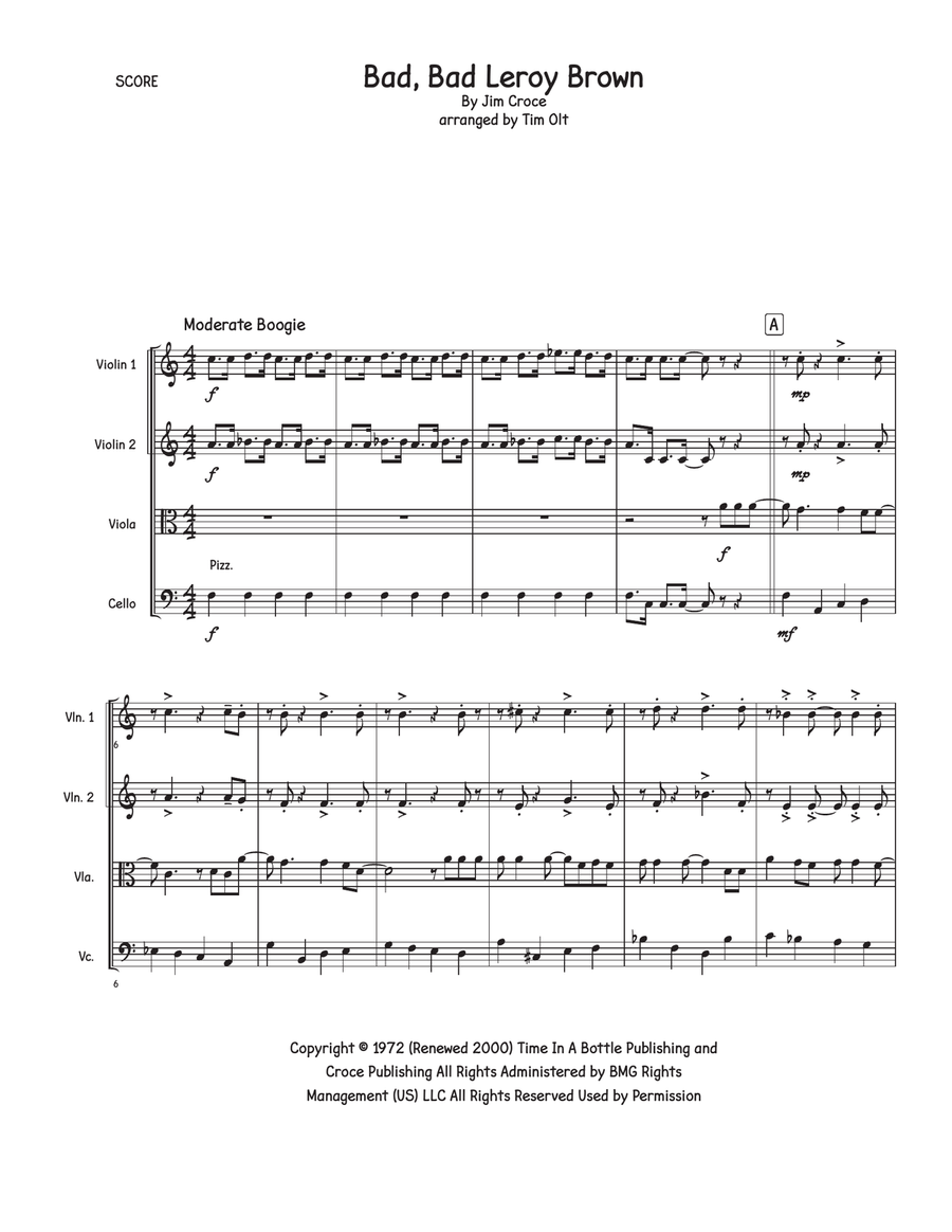 Bad, Bad Leroy Brown Bad, Bad Leroy Brown String Quartet scores gallery preview page 1