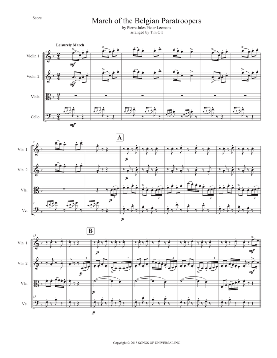 March Of The Belgian Paratroopers (Marche Des Parachutistes Belges) String Quartet scores gallery preview page 1